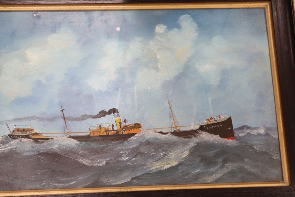 English School c.1900, pair of oils on card, Portraits of the steamship Camden, 28 x 45cm